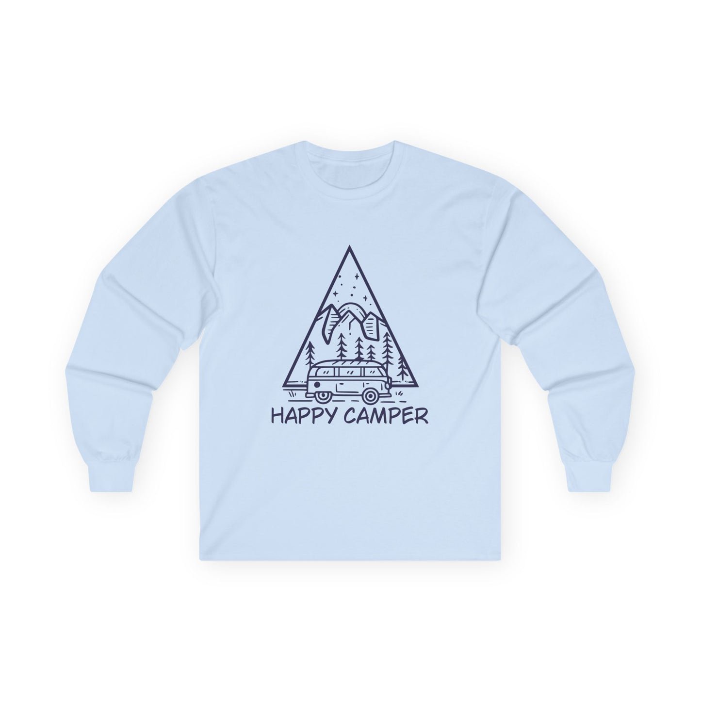 happy camper adventure shirt with mountain peaks design