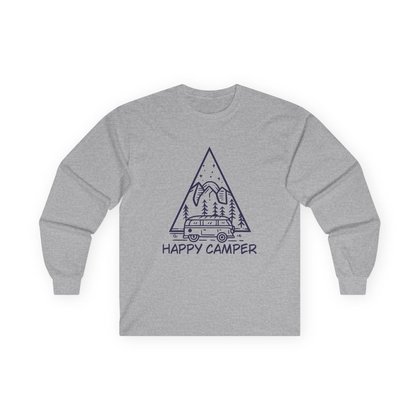 happy camper adventure shirt with mountain peaks design