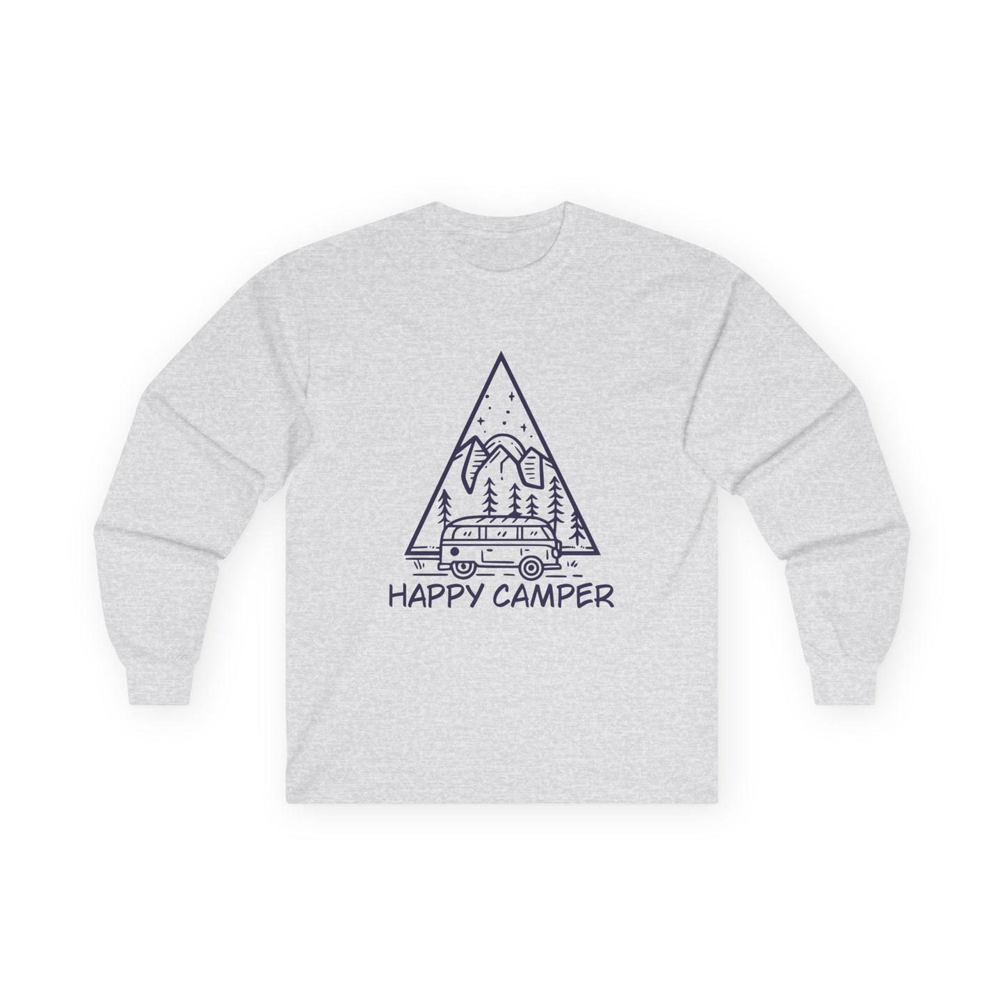 happy camper adventure shirt with mountain peaks design